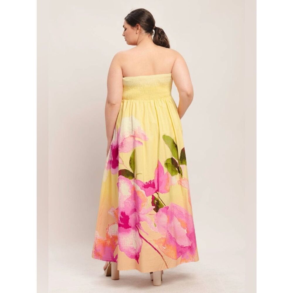 Plus Size Strapless Floral Maxi Dress Yellow Pink Wedding Guest Summer - Picture 4 of 5